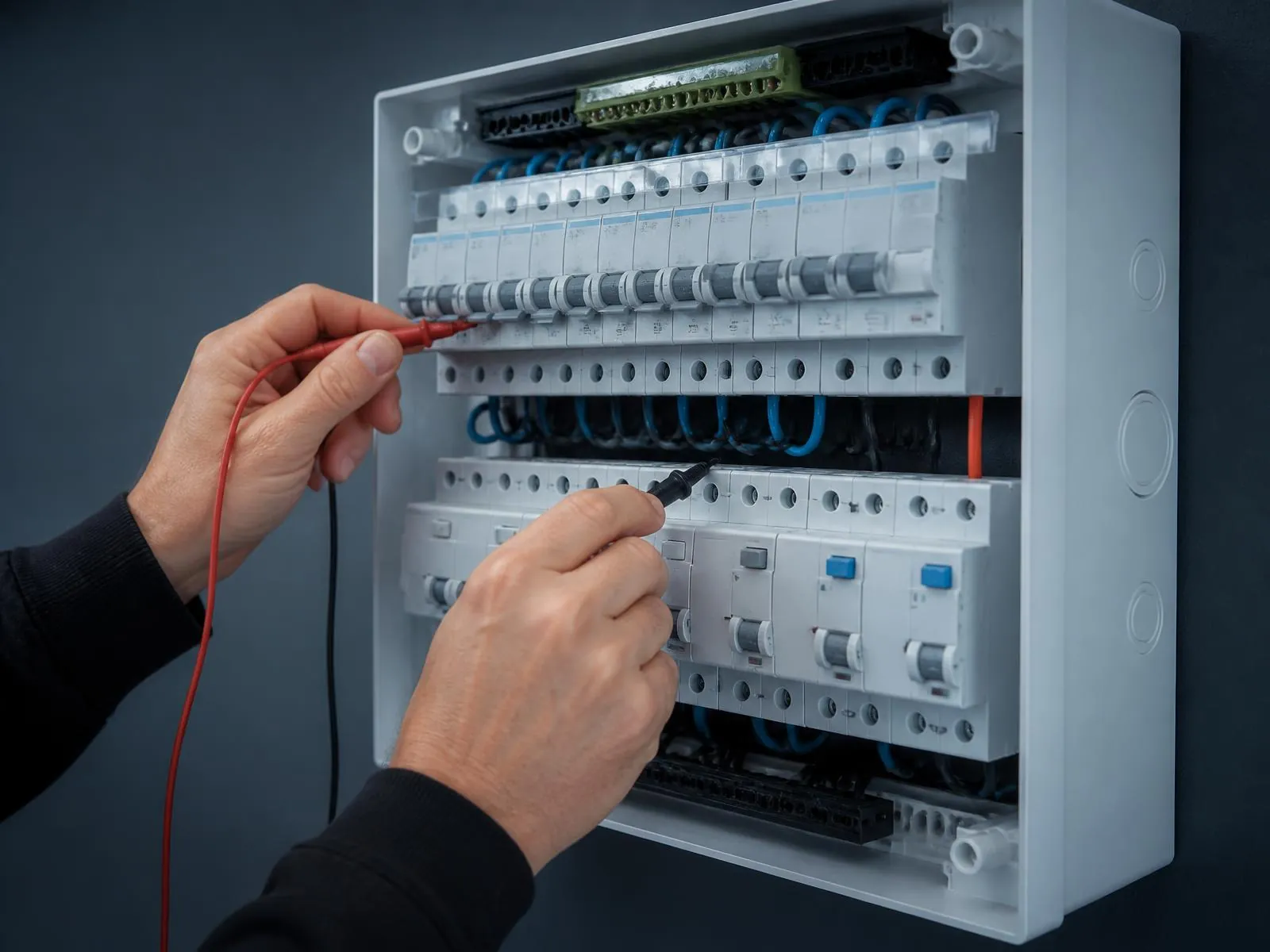 Elektrikár kontroluje ističe v otvorenom domovom rozvádzači